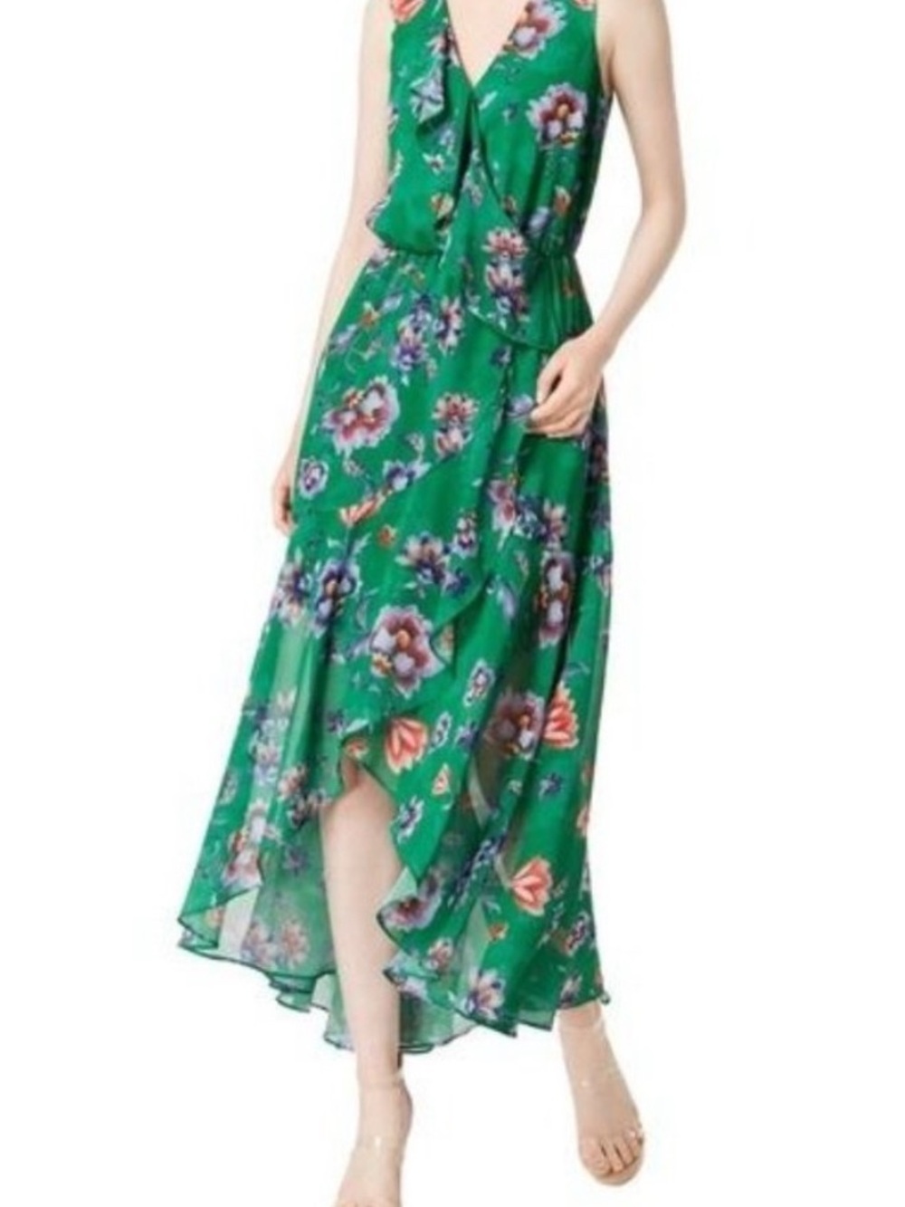 Bar III Green Floral High-Low Ruffle Maxi Dress